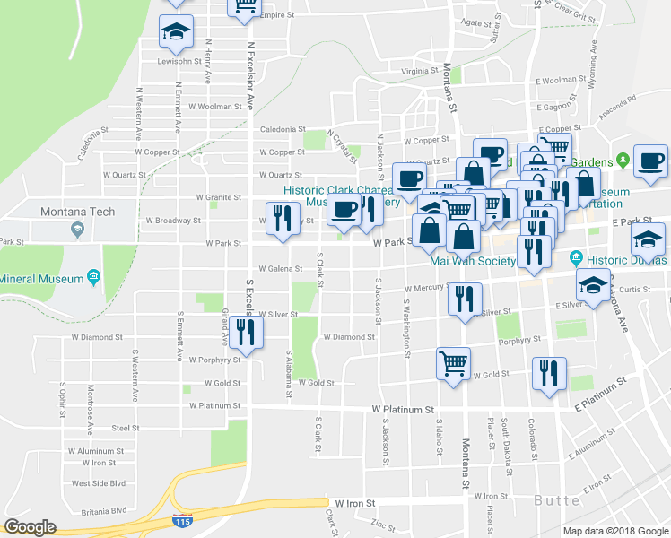 map of restaurants, bars, coffee shops, grocery stores, and more near 624 West Galena Street in Butte