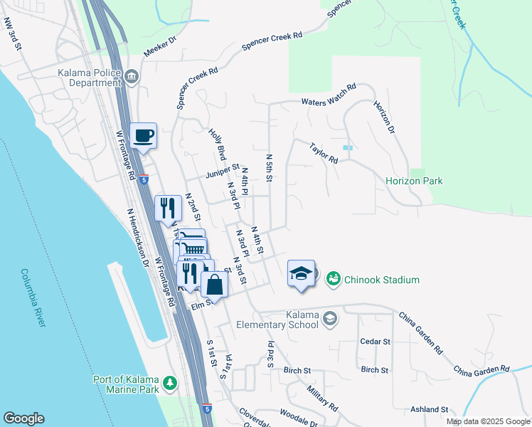 map of restaurants, bars, coffee shops, grocery stores, and more near 441 North 5th Street in Kalama