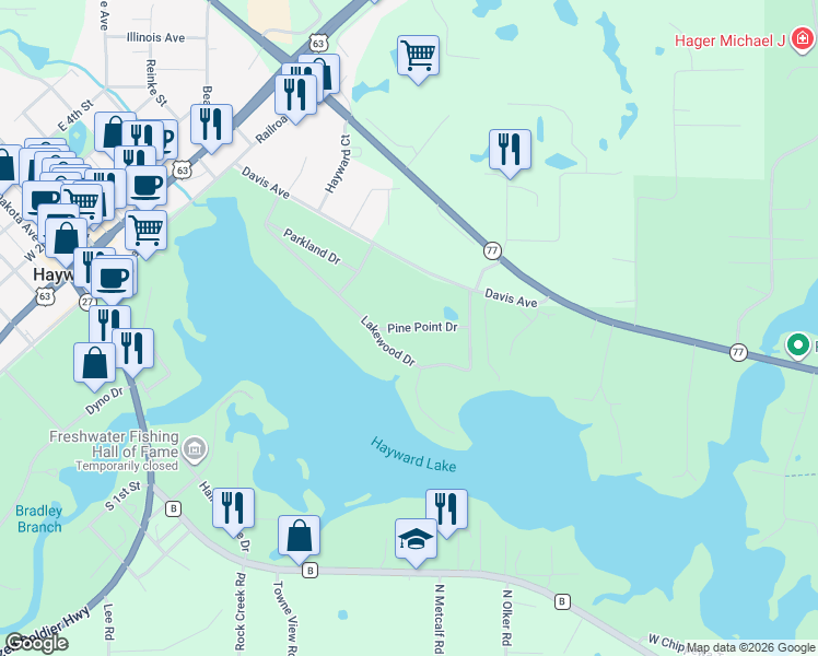 map of restaurants, bars, coffee shops, grocery stores, and more near 15574 Lakewood Drive in Hayward