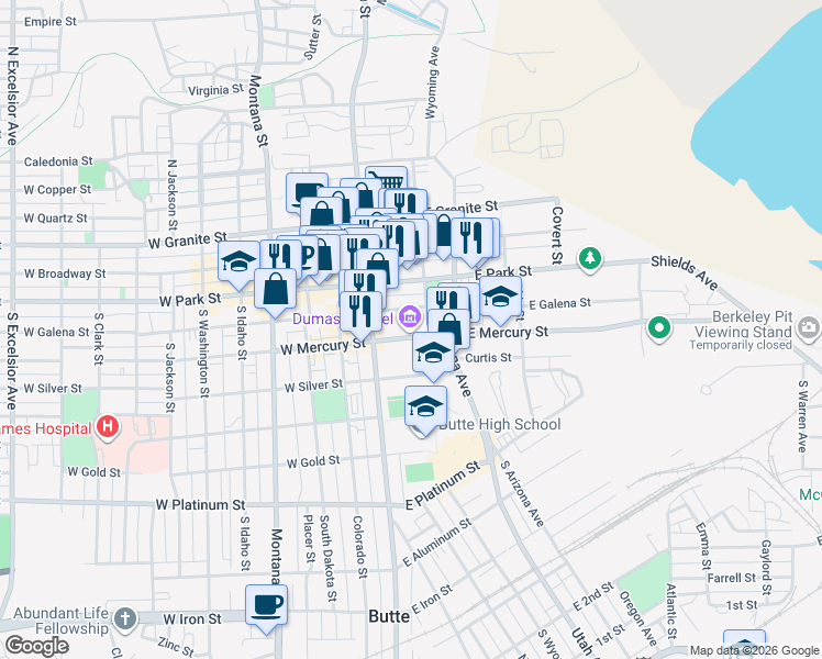 map of restaurants, bars, coffee shops, grocery stores, and more near 56 East Mercury Street in Butte