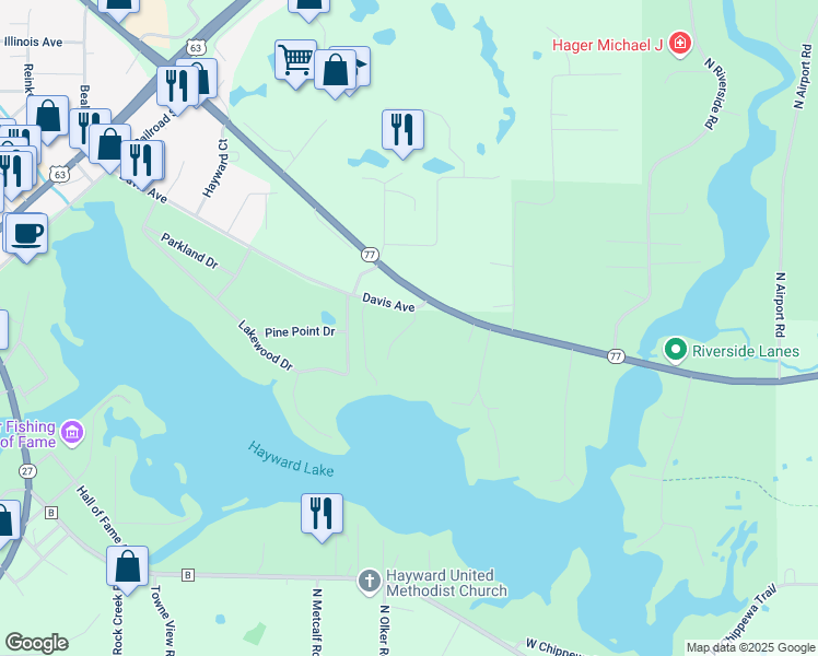 map of restaurants, bars, coffee shops, grocery stores, and more near 10470 Hayward Shores Drive in Hayward