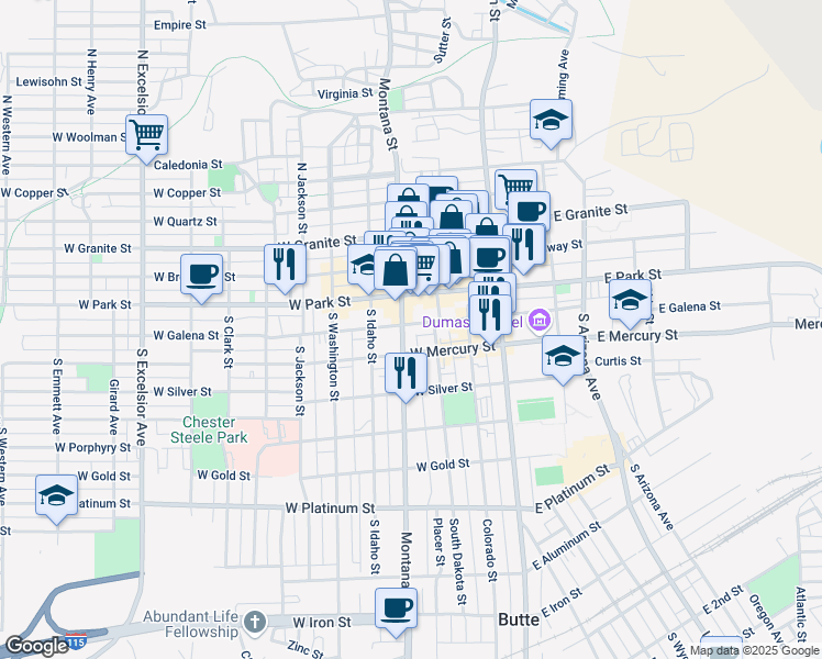 map of restaurants, bars, coffee shops, grocery stores, and more near 202 South Montana Street in Butte