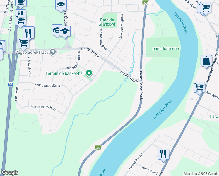 map of restaurants, bars, coffee shops, grocery stores, and more near 7901 Rue Émile-Parent in Sorel-Tracy