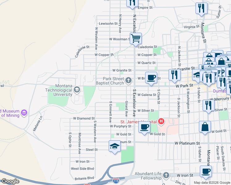map of restaurants, bars, coffee shops, grocery stores, and more near 1059 West Mercury Street in Butte