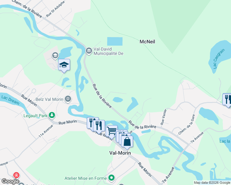 map of restaurants, bars, coffee shops, grocery stores, and more near Rue Ménard in Val-Morin