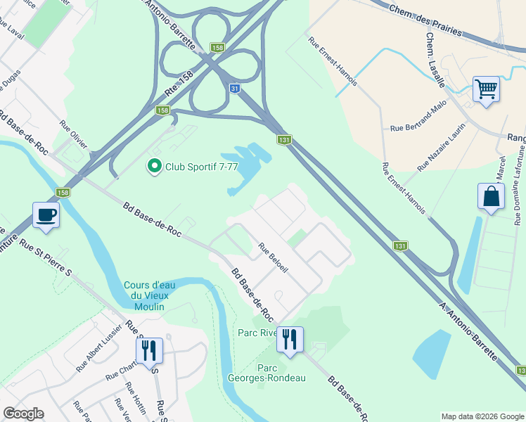 map of restaurants, bars, coffee shops, grocery stores, and more near 1212 Rue Charlemagne in Joliette