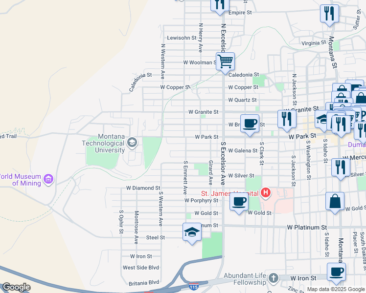map of restaurants, bars, coffee shops, grocery stores, and more near 1031 West Park Street in Butte