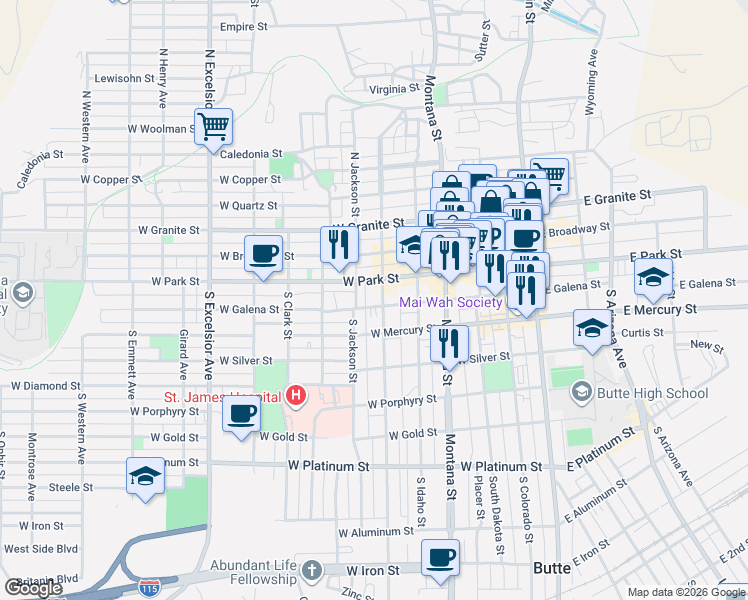 map of restaurants, bars, coffee shops, grocery stores, and more near 316 West Park Street in Butte