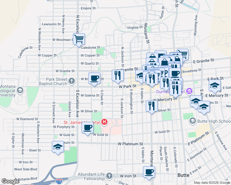 map of restaurants, bars, coffee shops, grocery stores, and more near 505 West Park Street in Butte