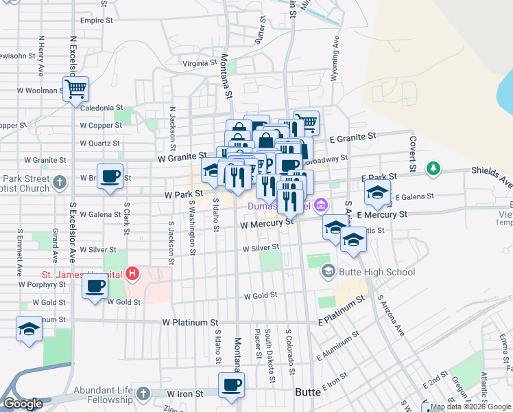 map of restaurants, bars, coffee shops, grocery stores, and more near 66 West Park Street in Butte