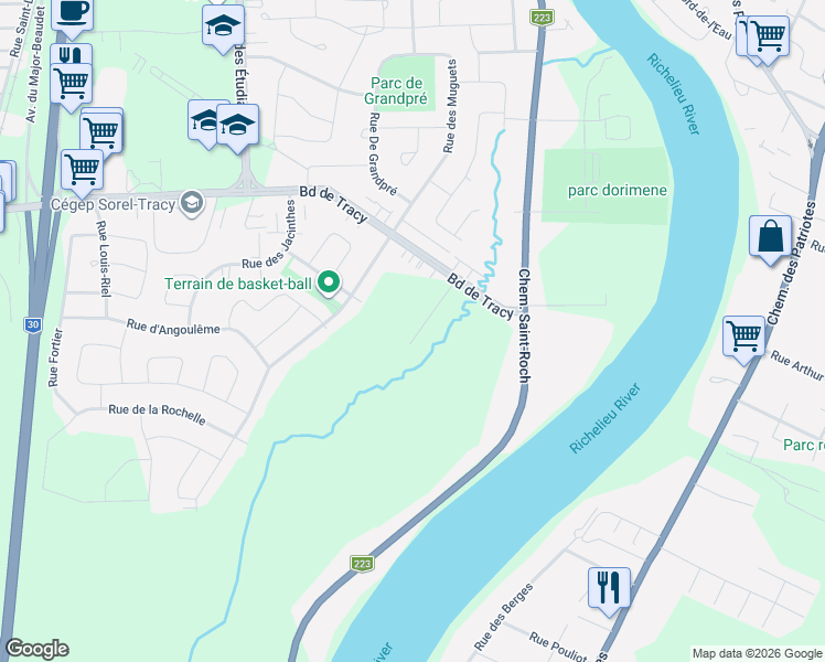 map of restaurants, bars, coffee shops, grocery stores, and more near 7881 Rue Émile-Parent in Sorel-Tracy