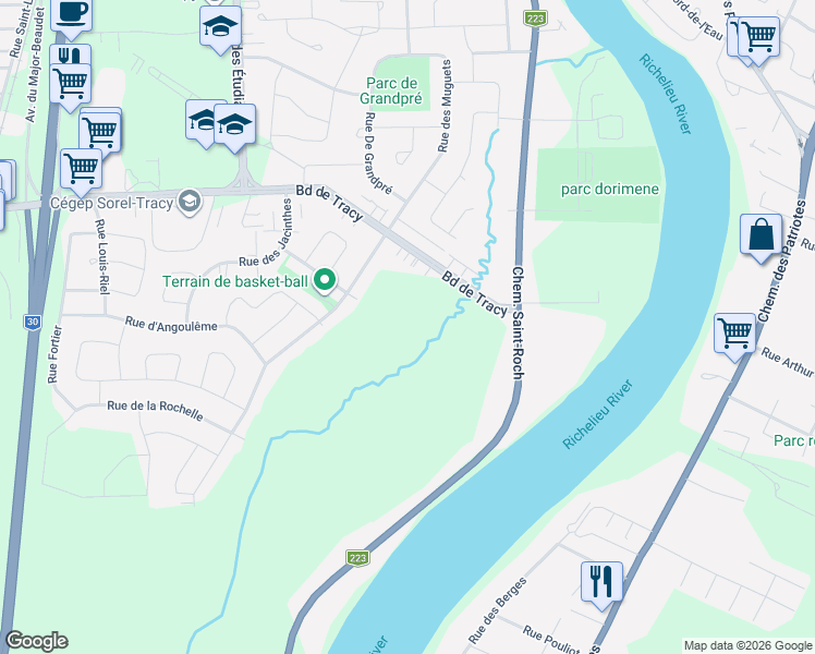 map of restaurants, bars, coffee shops, grocery stores, and more near 7881 Rue Émile-Parent in Sorel-Tracy