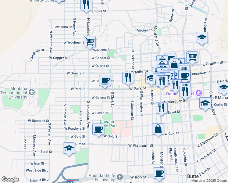 map of restaurants, bars, coffee shops, grocery stores, and more near 709 West Park Street in Butte