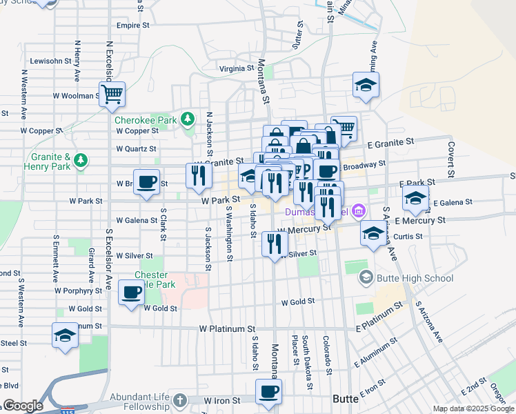 map of restaurants, bars, coffee shops, grocery stores, and more near 224 West Park Street in Butte