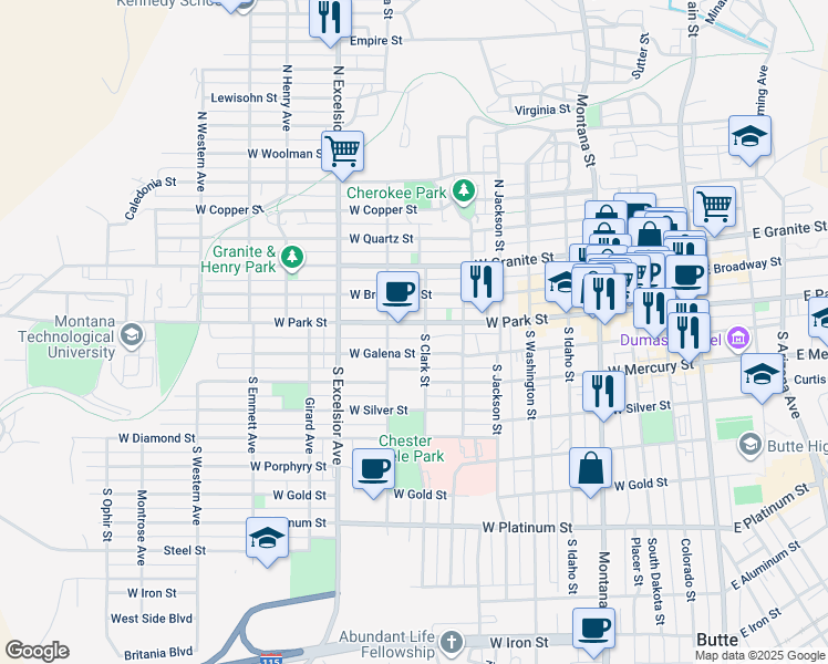 map of restaurants, bars, coffee shops, grocery stores, and more near 709 West Park Street in Butte