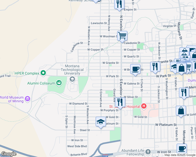 map of restaurants, bars, coffee shops, grocery stores, and more near 1110 West Park Street in Butte