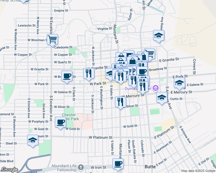 map of restaurants, bars, coffee shops, grocery stores, and more near 9 South Idaho Street in Butte