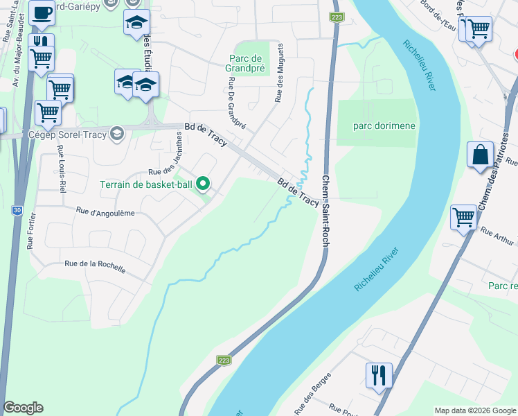 map of restaurants, bars, coffee shops, grocery stores, and more near 7861 Rue Émile-Parent in Sorel-Tracy