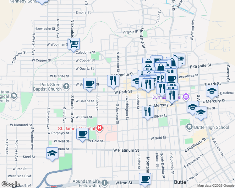 map of restaurants, bars, coffee shops, grocery stores, and more near 502 West Park Street in Butte