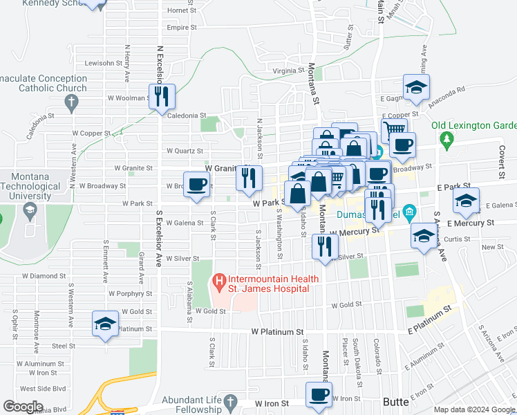 map of restaurants, bars, coffee shops, grocery stores, and more near 505 West Park Street in Butte