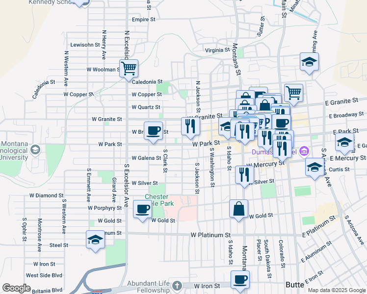 map of restaurants, bars, coffee shops, grocery stores, and more near 611 West Park Street in Butte