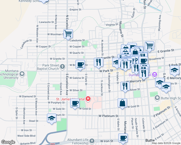 map of restaurants, bars, coffee shops, grocery stores, and more near 611 West Park Street in Butte