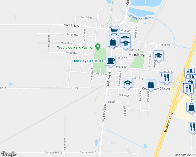 map of restaurants, bars, coffee shops, grocery stores, and more near 107 3rd Street Southwest in Hinckley