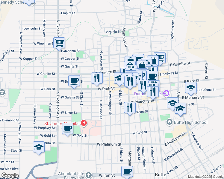 map of restaurants, bars, coffee shops, grocery stores, and more near 316 West Park Street in Butte