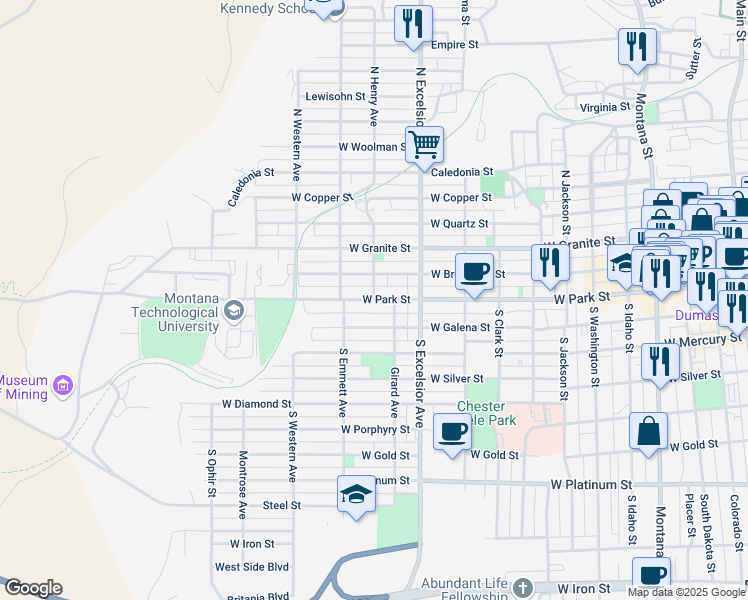 map of restaurants, bars, coffee shops, grocery stores, and more near 999 W Park St in Butte
