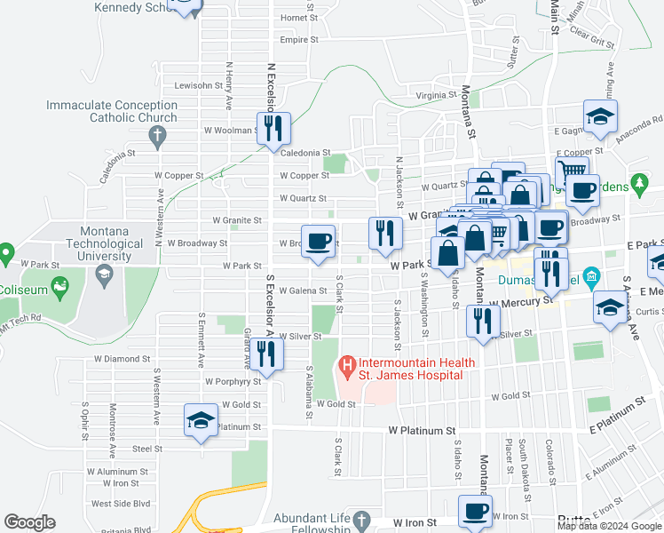map of restaurants, bars, coffee shops, grocery stores, and more near 706 West Park Street in Butte