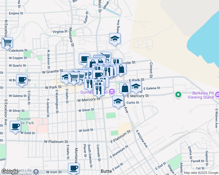 map of restaurants, bars, coffee shops, grocery stores, and more near 39 East Galena Street in Butte