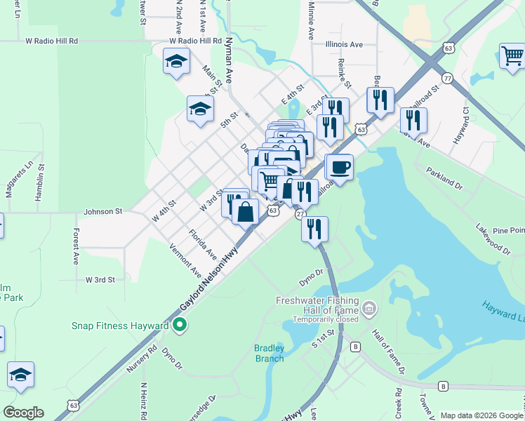 map of restaurants, bars, coffee shops, grocery stores, and more near 15848 U.S. 63 in Hayward