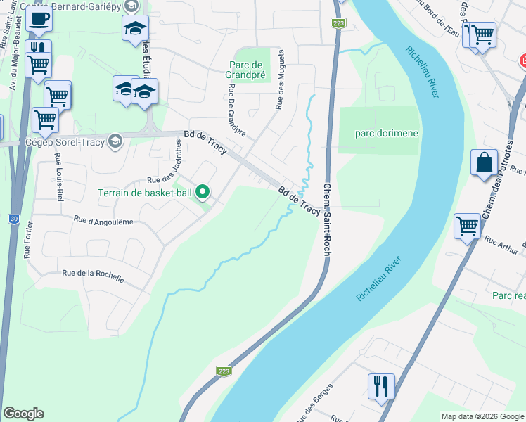 map of restaurants, bars, coffee shops, grocery stores, and more near 7841 Rue Émile-Parent in Sorel-Tracy