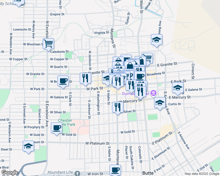 map of restaurants, bars, coffee shops, grocery stores, and more near 224 West Park Street in Butte