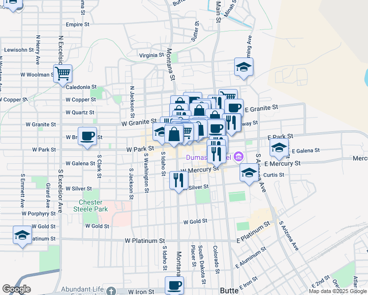 map of restaurants, bars, coffee shops, grocery stores, and more near 144 West Park Street in Butte