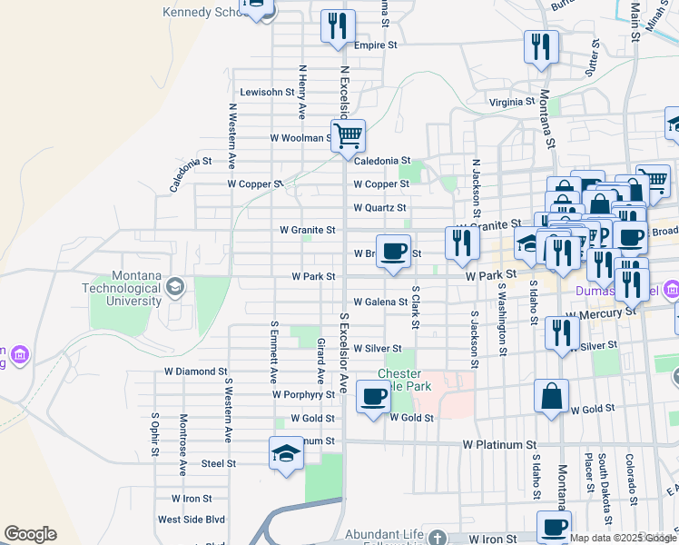 map of restaurants, bars, coffee shops, grocery stores, and more near 3 North Excelsior Avenue in Butte