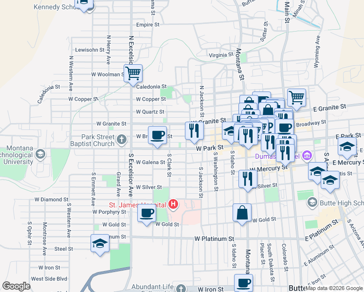 map of restaurants, bars, coffee shops, grocery stores, and more near 611 West Park Street in Butte
