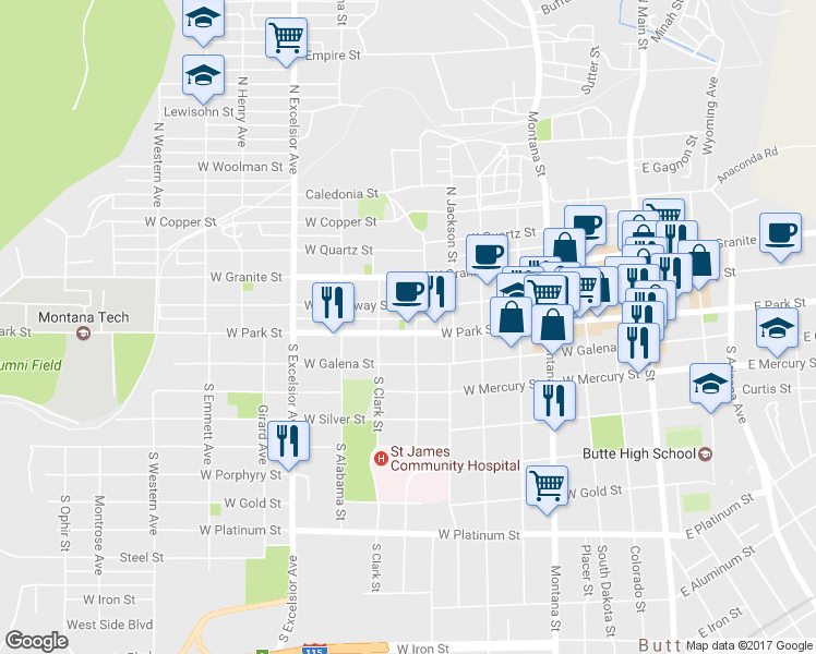 map of restaurants, bars, coffee shops, grocery stores, and more near 609 West Park Street in Butte