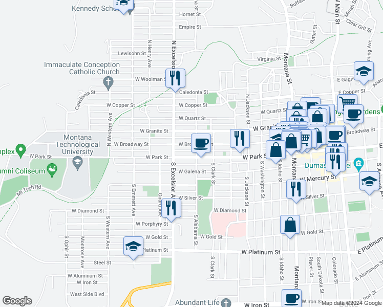 map of restaurants, bars, coffee shops, grocery stores, and more near 811 W Park St in Butte