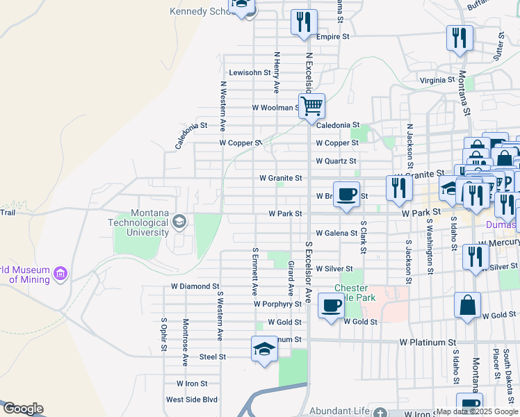 map of restaurants, bars, coffee shops, grocery stores, and more near 1031 West Park Street in Butte
