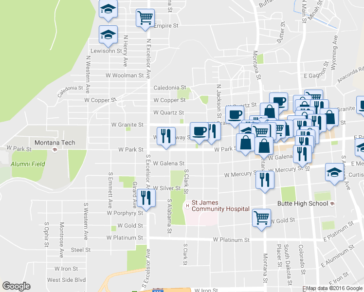 map of restaurants, bars, coffee shops, grocery stores, and more near 709 W Park St in Butte