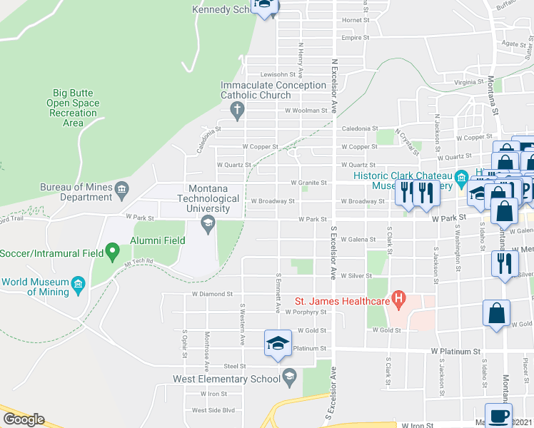 map of restaurants, bars, coffee shops, grocery stores, and more near 1115 West Park Street in Butte