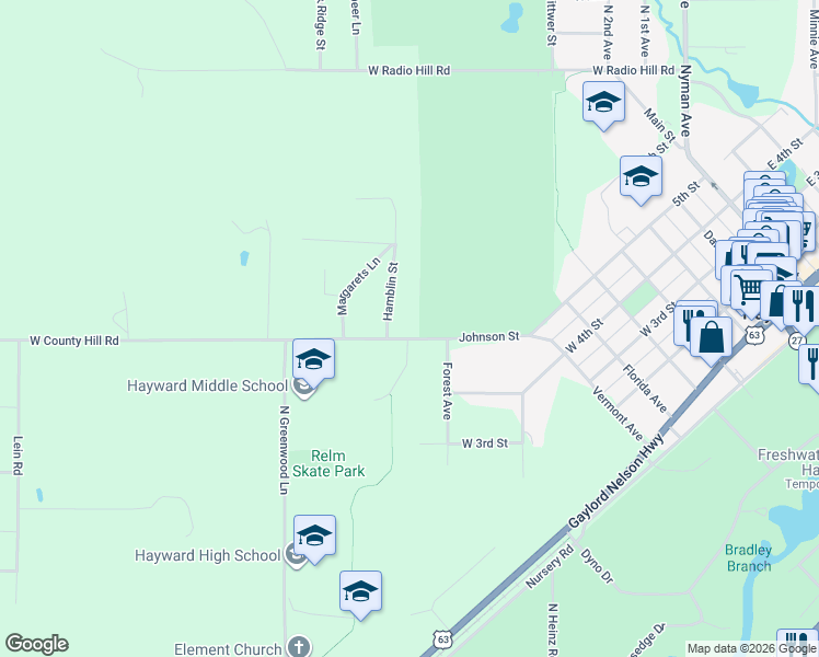 map of restaurants, bars, coffee shops, grocery stores, and more near 16102 West County Hill Road in Hayward