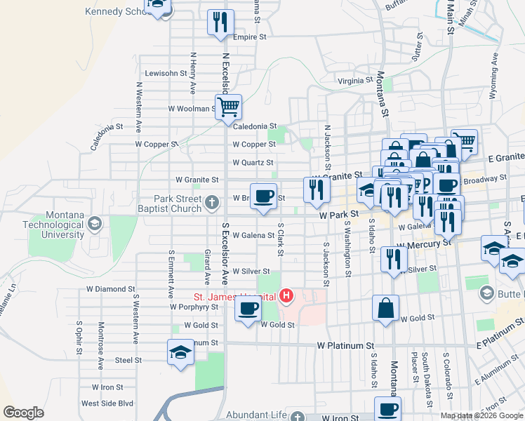 map of restaurants, bars, coffee shops, grocery stores, and more near 709 West Park Street in Butte