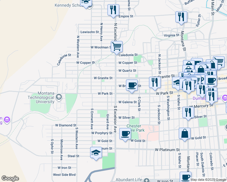 map of restaurants, bars, coffee shops, grocery stores, and more near 3 North Excelsior Avenue in Butte
