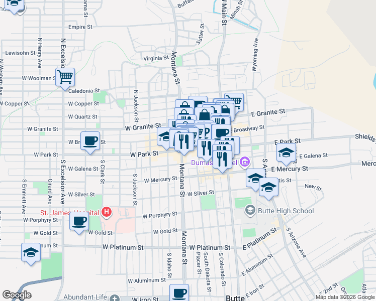 map of restaurants, bars, coffee shops, grocery stores, and more near 144 West Park Street in Butte