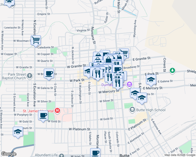 map of restaurants, bars, coffee shops, grocery stores, and more near 144 West Park Street in Butte