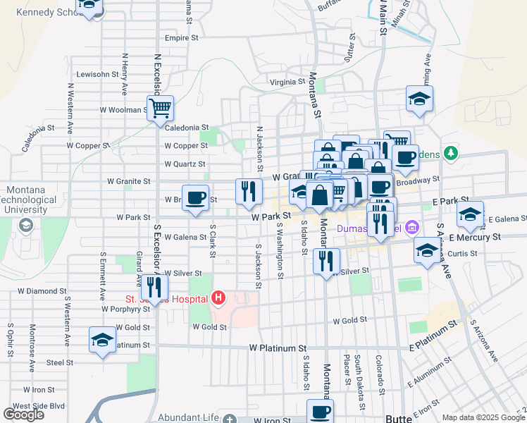 map of restaurants, bars, coffee shops, grocery stores, and more near 505 West Park Street in Butte