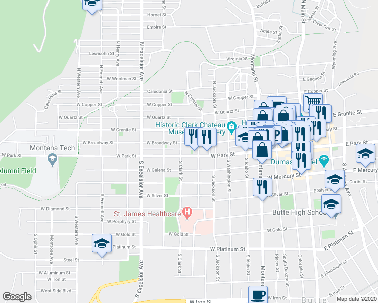 map of restaurants, bars, coffee shops, grocery stores, and more near 611 West Park Street in Butte
