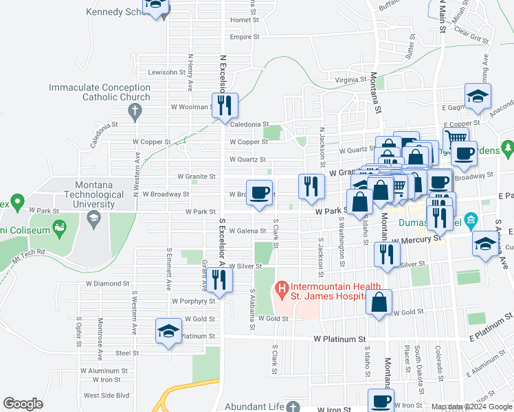 map of restaurants, bars, coffee shops, grocery stores, and more near 811 West Park Street in Butte